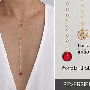 CZ garnet necklace Gold lariat necklace January birthstone necklace Initial necklace Dainty silver Y necklace Aunt gift 2nd anniversary gift