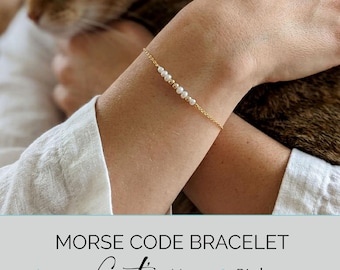Custom Name Bracelet: Cat Mom Bracelet, Morse-code-bracelet with Birthstone, Personalized Mothers-Day-Gift for Cat-Lovers