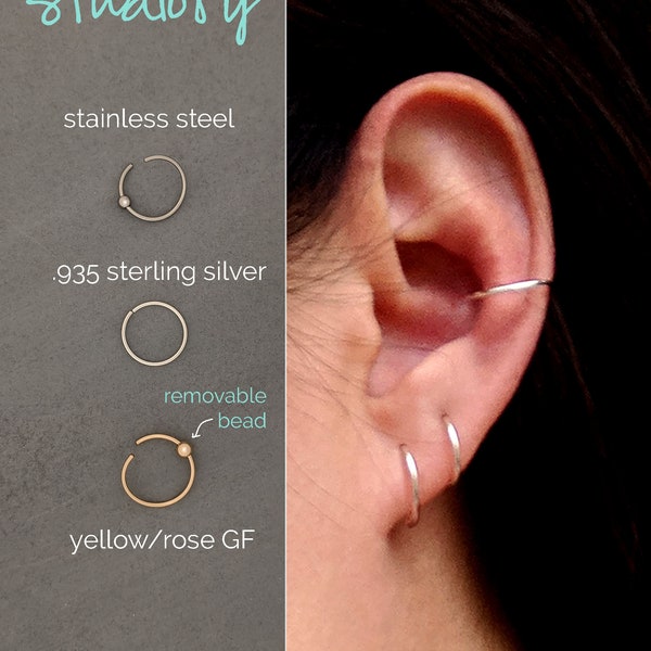 Conch piercing Sterling silver/Gold conch earring Small hoop earrings Bead Conch hoop Rose gold cartilage earring Ear cuff Belly button ring