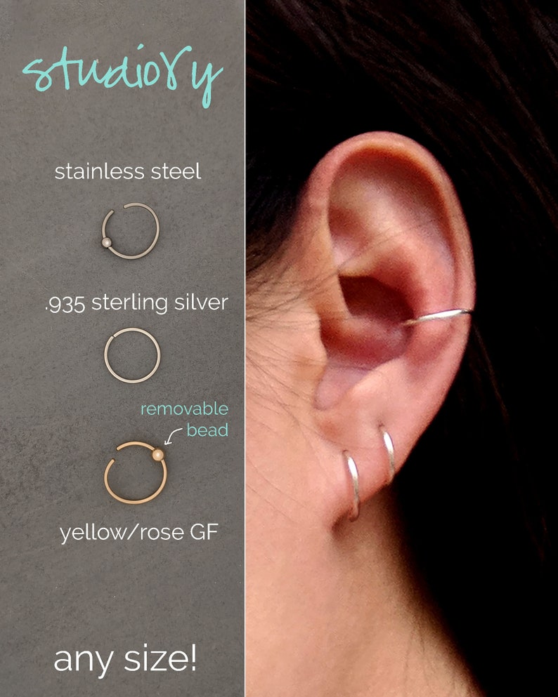 Conch piercing Sterling silver/Gold conch earring Small hoop earrings Bead Conch hoop Rose gold cartilage earring Ear cuff Belly button ring 