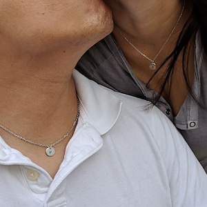 Long distance boyfriend gift Matching necklaces Couples necklace set His and hers engraved initial disc necklace First anniversary gift him