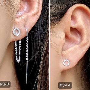 Double Piercing Earrings Set Sterling Silver Threader earrings/Tiny Circle Stud Earrings CZ Micro Paved Open Circle Earrings Connected Chain