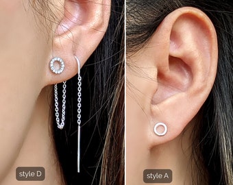 Double piercing earrings set Sterling silver threader earrings/Tiny circle stud earrings CZ micro paved open circle earrings Connected chain
