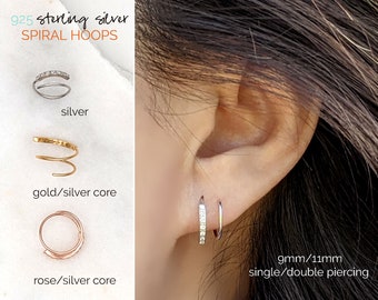 CZ double spiral hoop earrings Single/Double piercing earrings Small hoop earrings Rose Gold Sterling silver helix hoop Cartilage earring