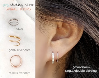 CZ double spiral hoop earrings Single/Double piercing earrings Small hoop earrings Rose Gold Sterling silver helix hoop Cartilage earring