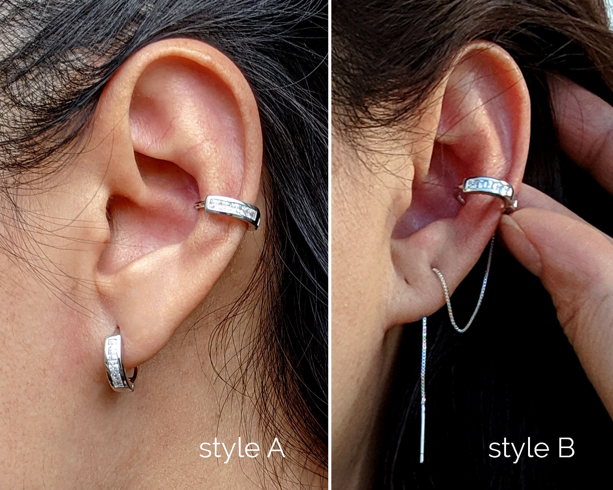 Ear Cuff with Hoops Attached for a Double Pierced Look .925 Sterling Silver  Small Hoop Earrings