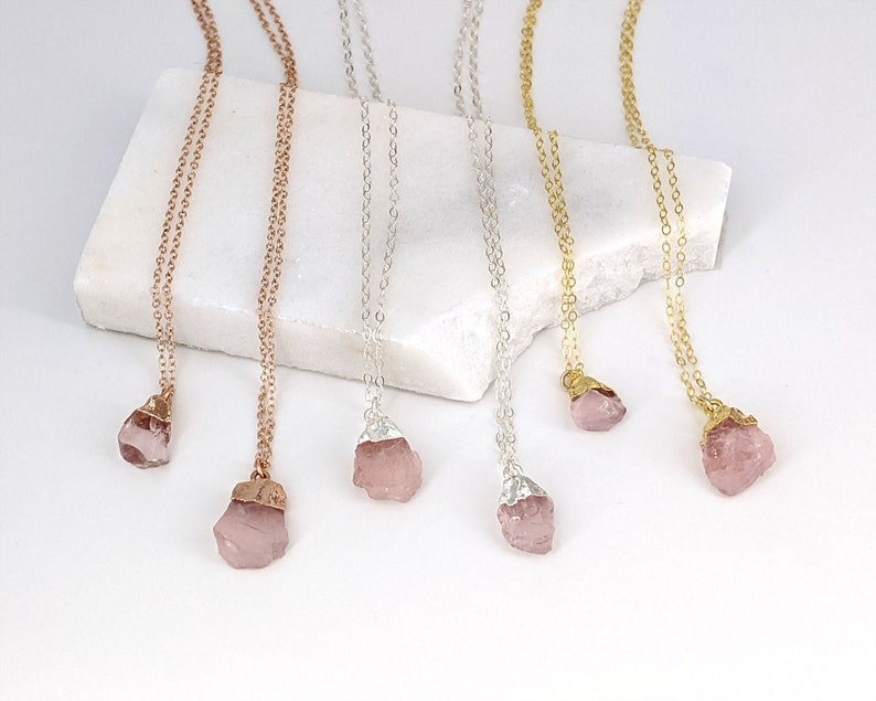 Raw rose quartz necklace Small rose quartz pendant Raw pink quartz necklace Raw gemstone necklace Raw crystal necklace 5th anniversary gift image 1