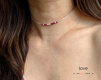 Morse code necklace Real gemstone ruby necklace July birthstone necklace Silver Rose gold choker BFF Name Initial 21st birthday gift for her