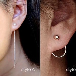 Chain stud earrings Circle ear jackets Chain earrings Gold/Silver tiny ball studs earrings Simple chain ear threaders Front back earrings