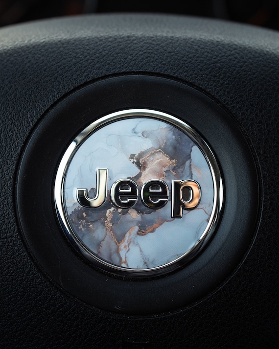 White Marble with Gold Print Steering Wheel Circle Emblem Accessory for Wrangler, Cherokee, Grand Cherokee, Renegade, Compass, and more