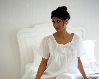 Ladies white cotton lawn nightdress, button front suitable for maternity and hospital stays. Style ELEANOR