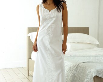 Ladies white cotton lawn long sleeveless kaftan nightdress with centre front embroidery, style UNA
