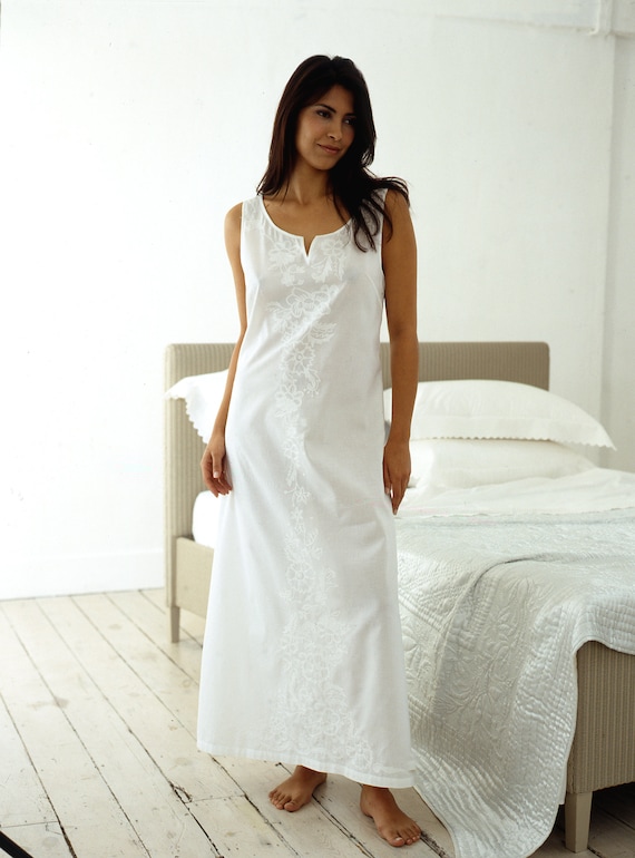 Ladies white cotton lawn long sleeveless kaftan nightdress with centre front embroidery style UNA