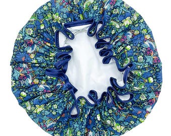 Liberty Tana Lawn Shower Cap. Pretty and practical with a waterproof lining and satin ribbon trim. Made in England in a range of prints.