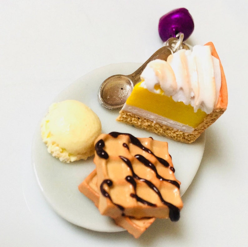 Pendant plate greedy lemon meringue waffle chocolate waffle and vanilla ice cream spoon charm and bell charms
