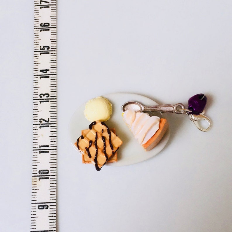 Pendant plate greedy lemon meringue waffle chocolate waffle and vanilla ice cream spoon charm and bell charms