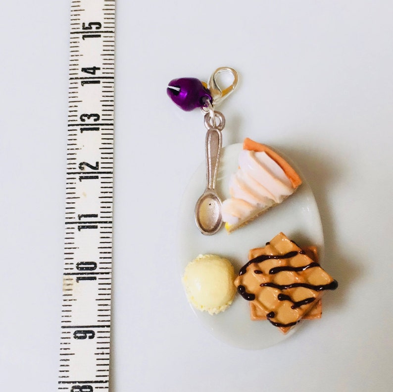 Pendant plate greedy lemon meringue waffle chocolate waffle and vanilla ice cream spoon charm and bell charms