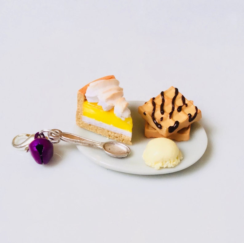 Pendant plate greedy lemon meringue waffle chocolate waffle and vanilla ice cream spoon charm and bell charms