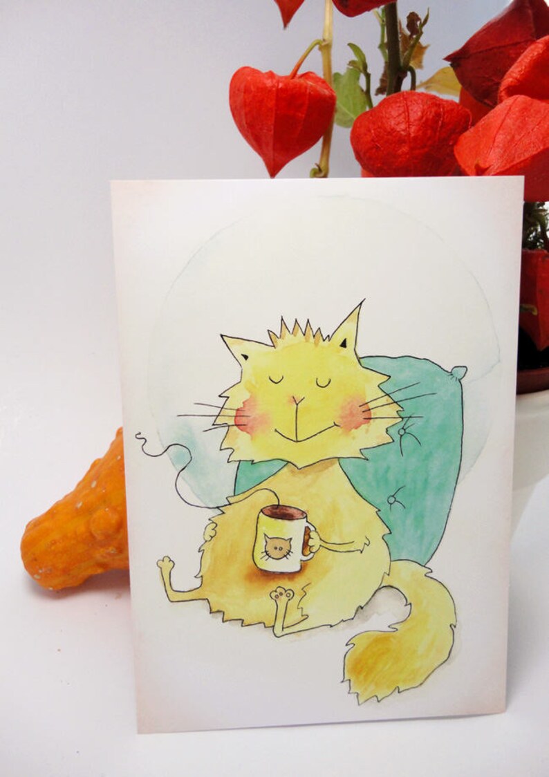 Postcard Relaxicat \u00b7 Postcard Cat \u00b7 Relax Case Coffee Cute Autumn Watercolour Watercolor Yellow Thanksgiving Cozy Yummy