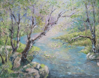 SPRING STREAM, original oil landscape painting 50x35cm