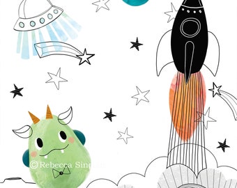 Outer Space, Illustration, Nursery Decor, Whimsical, wall art, art print, 8 by 8 inch print