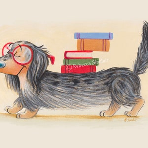Spotted Dachshund with Books Print