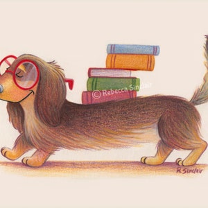 Brown Dachshund with Books Print