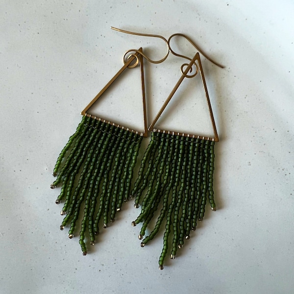 Green and Gold Dangle Fringe Earrings