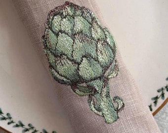 Embroidered Linen Artichoke Napkins – Botanical Table Linens, European Linen Dinner Napkins, Garden Table Decor, Farmhouse Kitchen Gift