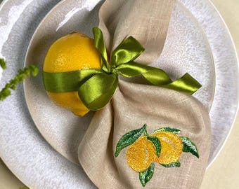 Lemon Embroidered Linen Napkin: Rustic Citrus Table Decor
