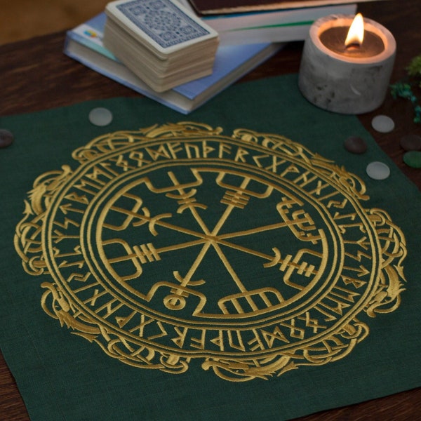 Linen Altar Cloth - Vegvisir Compass Embroidery, Pagan Viking Ritual Decor, Spiritual Decor Featuring Runes and Scandinavian Ornament