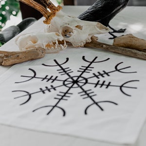 Embroidered Linen Altar Cloth with Helm of Awe, Norse Mythology Spiritual Ritual Decor, Viking Protection Symbol, Ægishjálmr, Pagan Gift