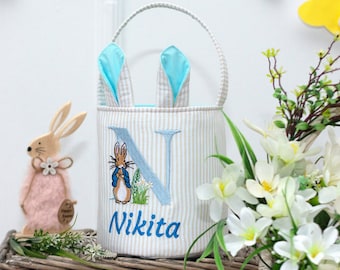 Personalized Easter Basket: Embroidered Fabric Basket with Bunny Ears