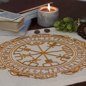 Vegvisir Embroidered Altar Cloth - Linen Pagan Viking Decor, Spiritual Runes, Customizable Norse Ritual Cloth for Tarot, Spirituality