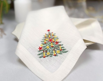 Gestickter Weihnachtsbaum Leinen-Dinner Servietten - Set mit 6