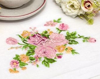 Embroidered Floral Linen Napkins: Shabby Chic Roses Gift