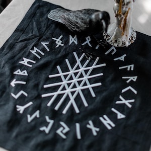 Linen Altar Cloth with Web of Wyrd Embroidery, Spiritual Decor Featuring Runes, Pagan & Norse Worship, Ritual Tarot Cloth, Viking Symbols