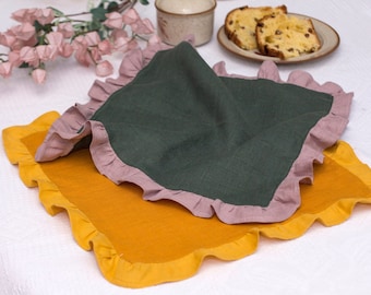 Ruffled Linen Napkins, Two layer Elegant Cloth Napkins, Secret Mix, Perfect for Wedding, Festive Dinner, Celebrations