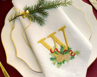 Embroidered Linen Christmas Napkins: Personalized Monogram Holiday Table Decor