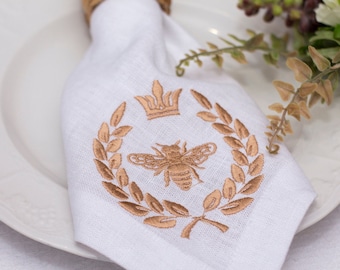 Embroidered Queen Bee Linen Napkins, Housewarming Gift