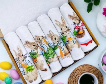 Easter Bunny Embroidered Linen Napkins, Set of 6, Cloth Napkins for Table Decor, Holiday Tableware, Easter Brunch Essentials, Hostess gift