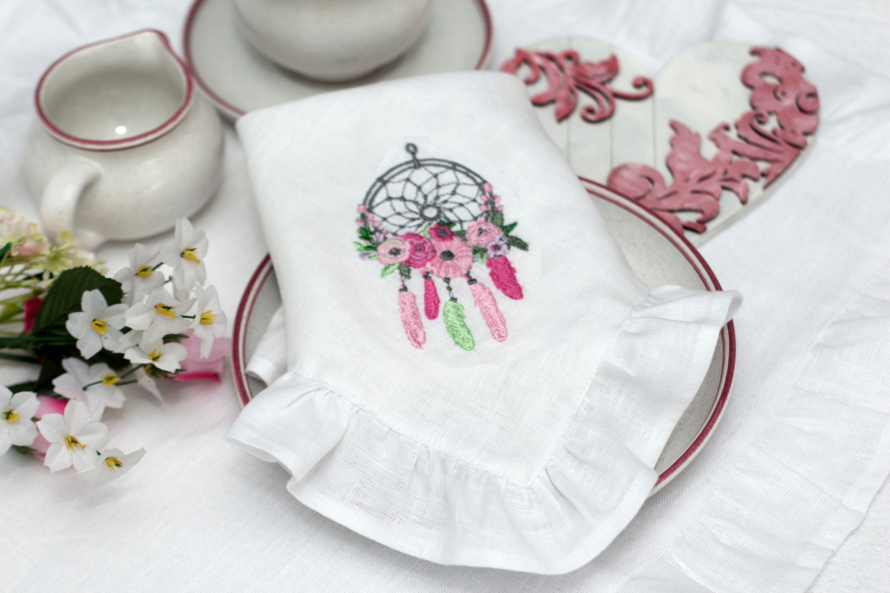 Ruffled linen embroidered napkins Embroidered Dinner Napkins Dreamcatcher decor Boho birthday decor Boho party Wild One