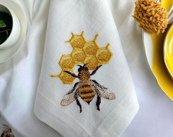 Embroidered Bee Linen Napkins - Set of 6 - Nature Inspired Dining