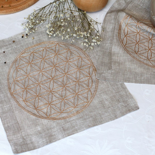 Napkins with Flower of life, Personalized Linen Napkins, Sacred geometry, Embroidered napkins, Altar cloth