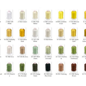 Puede incluir: Una carta de colores con treinta y dos carretes de hilo de bordar dispuestos en cuatro filas. Cada carrete est&aacute; etiquetado con un n&uacute;mero y un nombre de color, desde blanco brillante y varios tonos de amarillo y oro hasta verdes, marrones y negro.