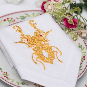 Embroidered Linen Napkins: Golden Stag Beetle, Baroque Style