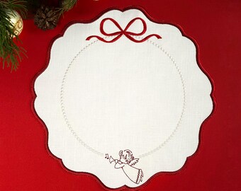 Mantel individual navideño de lino con ángel bordado, decoración para la mesa en estas fiestas.