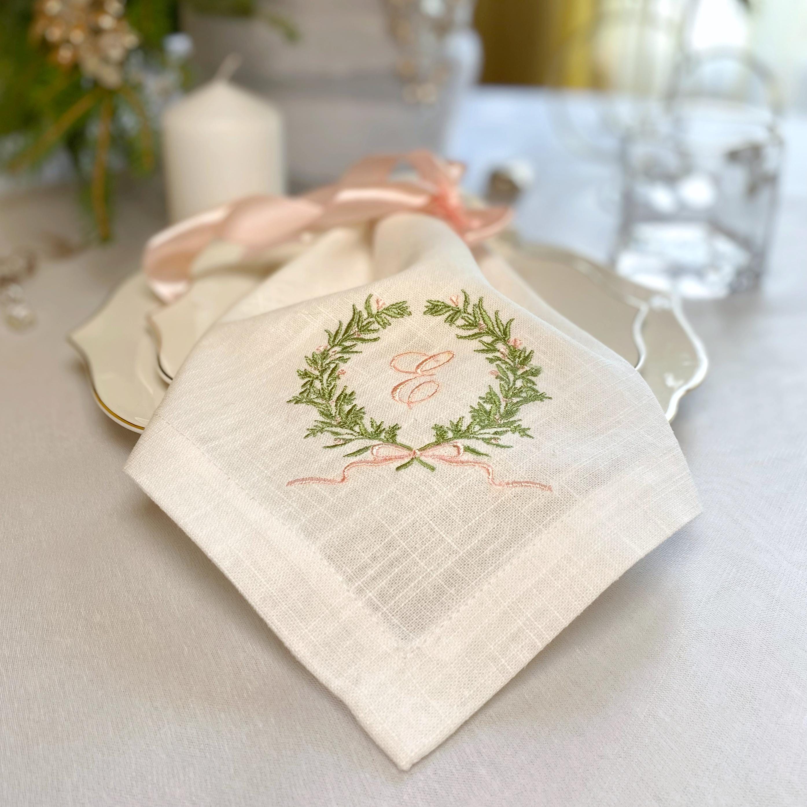 モノグラム刺繍リネンナプキン、6枚セット、クリスマスの