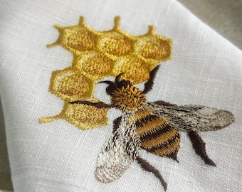 Honeybee Embroidered Linen Napkins – Bee & Honeycomb Napkins, Wedding, Garden Party and Farmhouse Table Decor