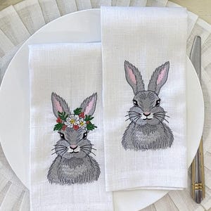 Easter Bunny Embroidered Linen Napkins, Set of 2, Spring Tea Table Decor